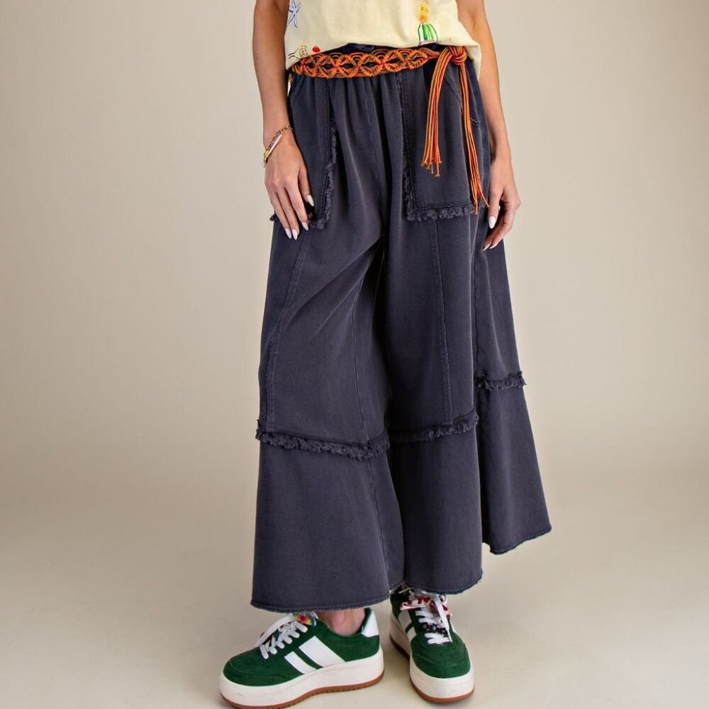 E17 Easel Wide Leg Mineral Washed Black Terry Pants Patch Pockets Frayed Hem - Picture 1 of 6